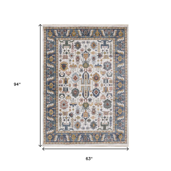 HomeRoots 5' Cream Blue and Green Medallion Area Rug - Stylish, Durable Design for Homes with Kids and Pets 5' X 8' 660203