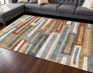 HomeRoots 8' Striped Area Rug in Vibrant Yellow, Blue & Brown - Durable, Stain-Resistant, Modern Design for Any Space 8' X 10' 660206