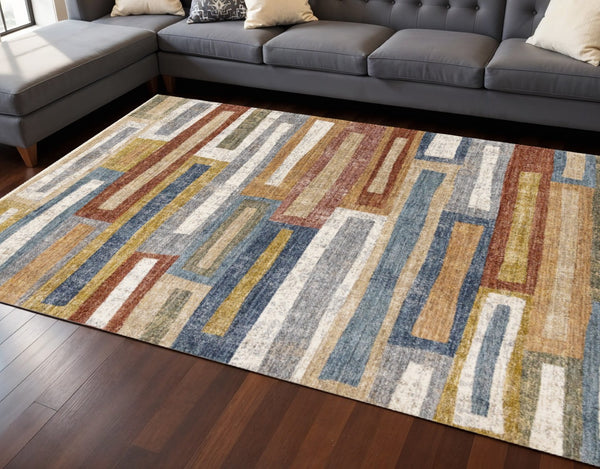 HomeRoots 8' Striped Area Rug in Vibrant Yellow, Blue & Brown - Durable, Stain-Resistant, Modern Design for Any Space 8' X 10' 660206