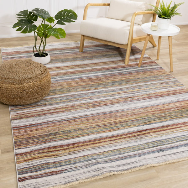 HomeRoots 8' Striped Area Rug in Vibrant Yellow, Blue & Brown - Durable, Stain-Resistant, Modern Design for Any Space 8' X 10' 660206