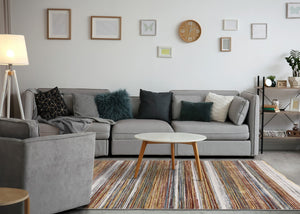 HomeRoots 8' Striped Area Rug in Vibrant Yellow, Blue & Brown - Durable, Stain-Resistant, Modern Design for Any Space 8' X 10' 660206