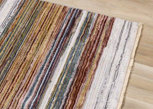 HomeRoots 8' Striped Area Rug in Vibrant Yellow, Blue & Brown - Durable, Stain-Resistant, Modern Design for Any Space 8' X 10' 660206