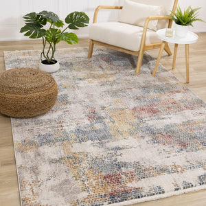 HomeRoots 5' Cream Blue and Yellow Abstract Area Rug - Modern Design, Durable, Stain-Resistant, Family-Friendly 5' X 8' 660207