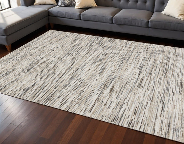 HomeRoots 4' Cream and Brown Striped Area Rug – Durable, Stain-Resistant, Stylish for High-Traffic Spaces 7' X 10' 660211