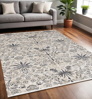 HomeRoots 5' Cream and Blue Floral Medallion Area Rug – Elegant, Durable, Stain-Resistant for Modern Spaces 5' X 8' 660216