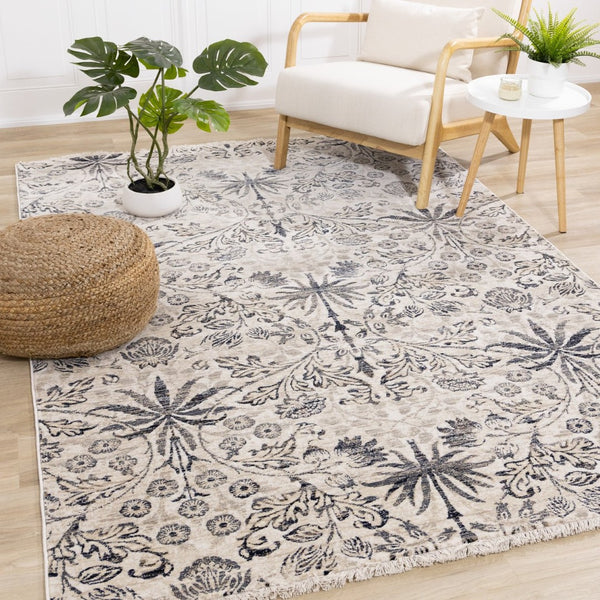 HomeRoots 5' Cream and Blue Floral Medallion Area Rug – Elegant, Durable, Stain-Resistant for Modern Spaces 5' X 8' 660216