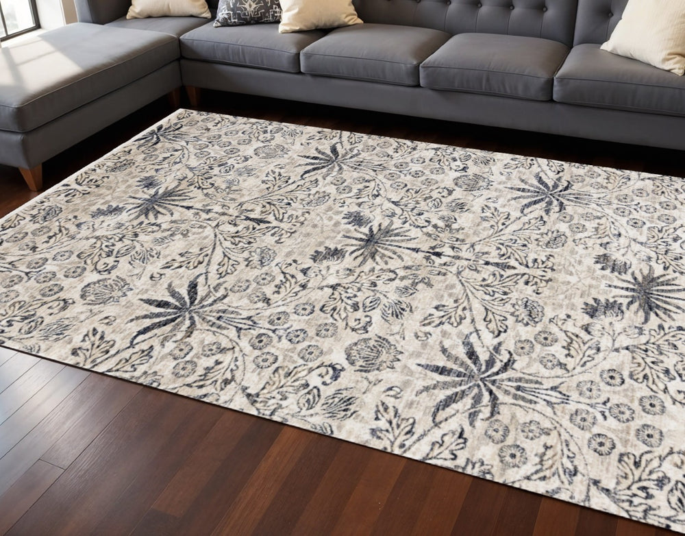 HomeRoots 8' Cream and Blue Floral Medallion Area Rug - Timeless Elegance, Durable, Family-Friendly Design 8' X 10' 660217