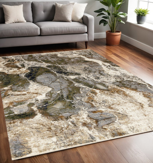 HomeRoots 5' Modern Abstract Area Rug in Black, Dark Green & Beige - Durable, Stain-Resistant, Stylish Design 5' X 8' 660225