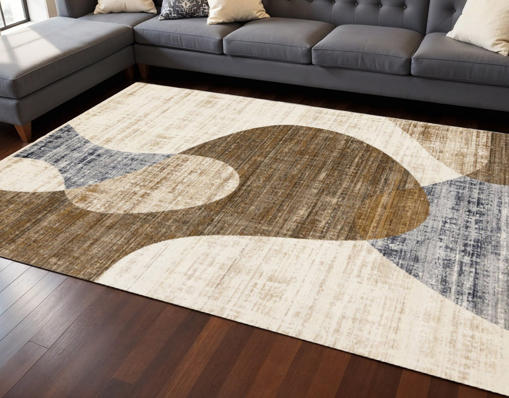HomeRoots 8' Modern Abstract Area Rug in Cream, Blue, and Brown - Durable, Stain-Resistant Design for Any Room 8' X 10' 660228