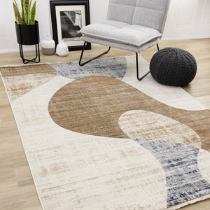 HomeRoots 8' Modern Abstract Area Rug in Cream, Blue, and Brown - Durable, Stain-Resistant Design for Any Room 8' X 10' 660228