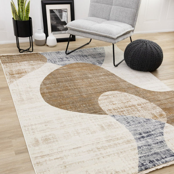 HomeRoots 8' Modern Abstract Area Rug in Cream, Blue, and Brown - Durable, Stain-Resistant Design for Any Room 8' X 10' 660228
