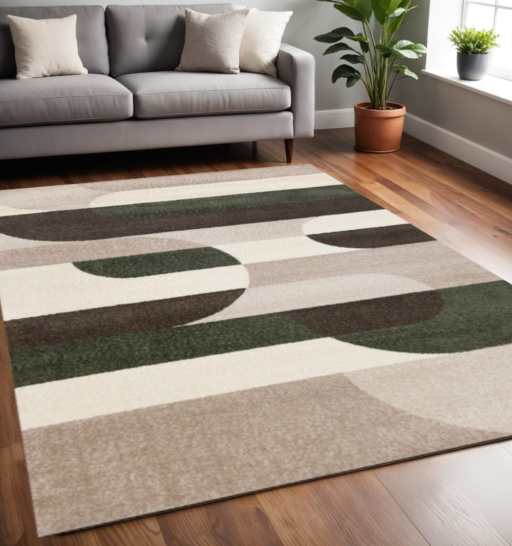 HomeRoots 5' Cream Green and Brown Geometric Area Rug - Durable, Stain-Resistant, Modern Design for Any Room 5' X 8' 660231
