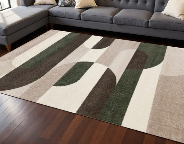 HomeRoots 8' Modern Cream Green Brown Geometric Area Rug - Durable, Stain-Resistant, Perfect for Busy Homes 8' X 11' 660232