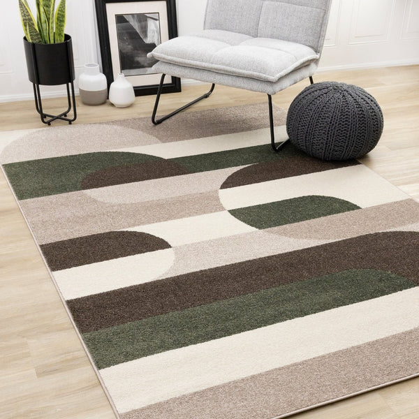 HomeRoots 8' Modern Cream Green Brown Geometric Area Rug - Durable, Stain-Resistant, Perfect for Busy Homes 8' X 11' 660232