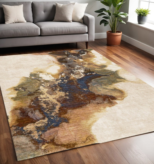 HomeRoots 5' Modern Abstract Area Rug in Beige, Blue, and Brown - Durable, Stylish, and Stain-Resistant Design 5' X 8' 660239
