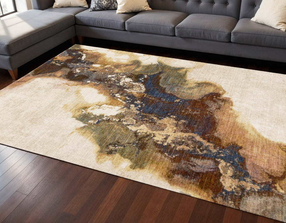 HomeRoots 8' Modern Abstract Area Rug in Beige, Blue & Brown - Durable, Stain-Resistant, and Stylish Décor Solution 8' X 10' 660240