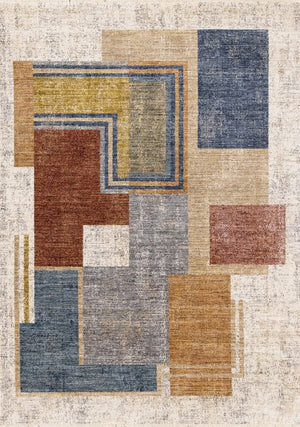 HomeRoots 5' Modern Geometric Area Rug in Cream, Blue, and Brown - Stylish, Durable, and Stain-Resistant Design 5' X 8' 660241