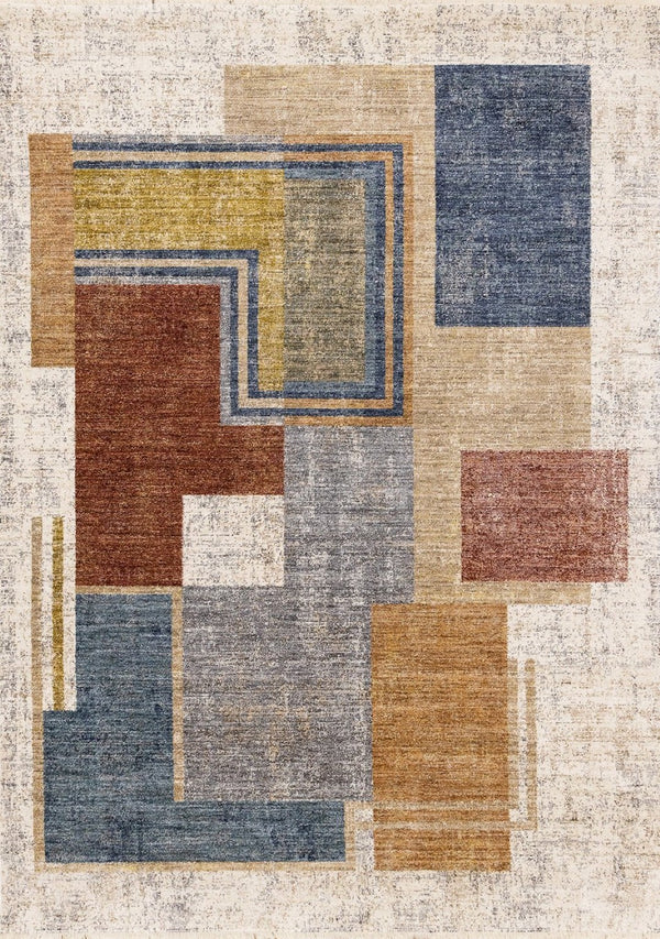HomeRoots 5' Modern Geometric Area Rug in Cream, Blue, and Brown - Stylish, Durable, and Stain-Resistant Design 5' X 8' 660241