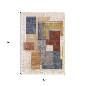 HomeRoots 5' Modern Geometric Area Rug in Cream, Blue, and Brown - Stylish, Durable, and Stain-Resistant Design 5' X 8' 660241