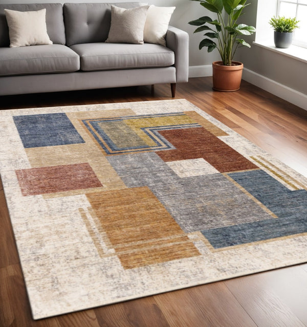 HomeRoots 5' Modern Geometric Area Rug in Cream, Blue, and Brown - Stylish, Durable, and Stain-Resistant Design 5' X 8' 660241