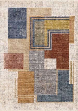 HomeRoots 5' Modern Geometric Area Rug in Cream, Blue, and Brown - Stylish, Durable, and Stain-Resistant Design 5' X 8' 660241