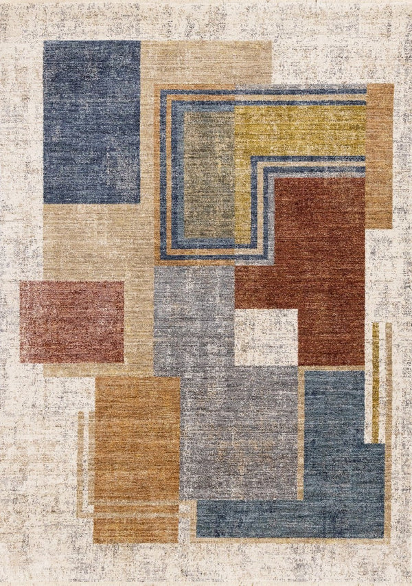 HomeRoots 5' Modern Geometric Area Rug in Cream, Blue, and Brown - Stylish, Durable, and Stain-Resistant Design 5' X 8' 660241