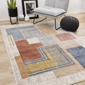 HomeRoots 5' Modern Geometric Area Rug in Cream, Blue, and Brown - Stylish, Durable, and Stain-Resistant Design 5' X 8' 660241