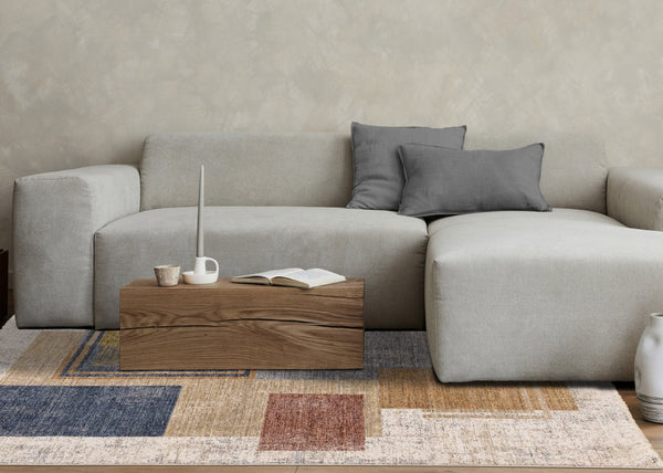 HomeRoots 5' Modern Geometric Area Rug in Cream, Blue, and Brown - Stylish, Durable, and Stain-Resistant Design 5' X 8' 660241