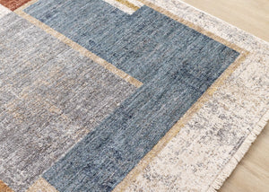 HomeRoots 5' Modern Geometric Area Rug in Cream, Blue, and Brown - Stylish, Durable, and Stain-Resistant Design 5' X 8' 660241
