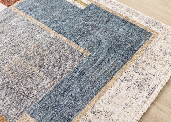 HomeRoots 5' Modern Geometric Area Rug in Cream, Blue, and Brown - Stylish, Durable, and Stain-Resistant Design 5' X 8' 660241