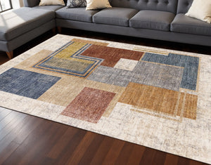 HomeRoots 8' Cream Blue and Brown Geometric Area Rug - Modern Style, Durable Design, Soft Comfort for Any Room 8' X 10' 660242