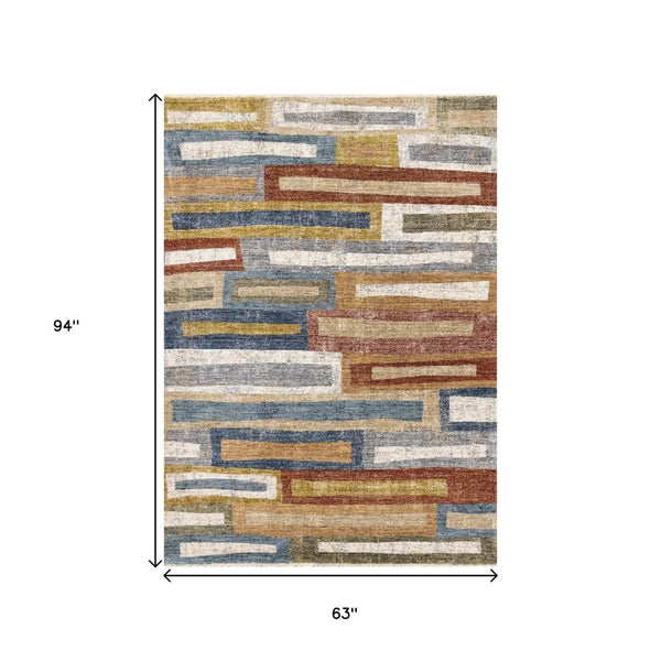 HomeRoots 5' Geometric Area Rug in Vibrant Orange, Blue & Beige – Modern Design for Comfort & Style 5' X 8' 660243
