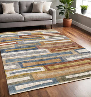 HomeRoots 5' Geometric Area Rug in Vibrant Orange, Blue & Beige – Modern Design for Comfort & Style 5' X 8' 660243