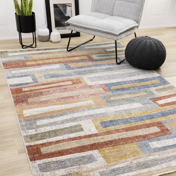 HomeRoots 5' Geometric Area Rug in Vibrant Orange, Blue & Beige – Modern Design for Comfort & Style 5' X 8' 660243
