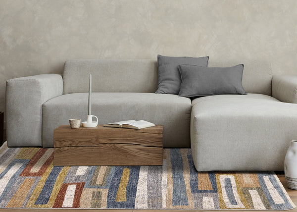 HomeRoots 5' Geometric Area Rug in Vibrant Orange, Blue & Beige – Modern Design for Comfort & Style 5' X 8' 660243