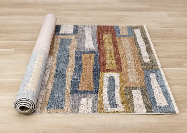 HomeRoots 5' Geometric Area Rug in Vibrant Orange, Blue & Beige – Modern Design for Comfort & Style 5' X 8' 660243