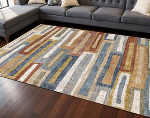HomeRoots 8' Bold Geometric Area Rug in Orange, Blue & Beige - Durable, Stain-Resistant, Modern Design for Any Room 8' X 10' 660244