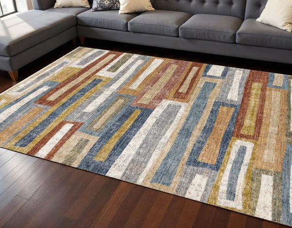 HomeRoots 8' Bold Geometric Area Rug in Orange, Blue & Beige - Durable, Stain-Resistant, Modern Design for Any Room 8' X 10' 660244