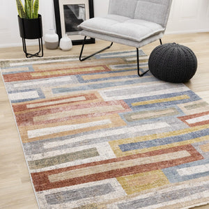 HomeRoots 8' Bold Geometric Area Rug in Orange, Blue & Beige - Durable, Stain-Resistant, Modern Design for Any Room 8' X 10' 660244
