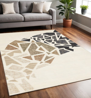 HomeRoots 5' Modern Abstract Area Rug in Cream, Black & Tan - Durable, Stain-Resistant Design for Any Room 5' X 8' 660251