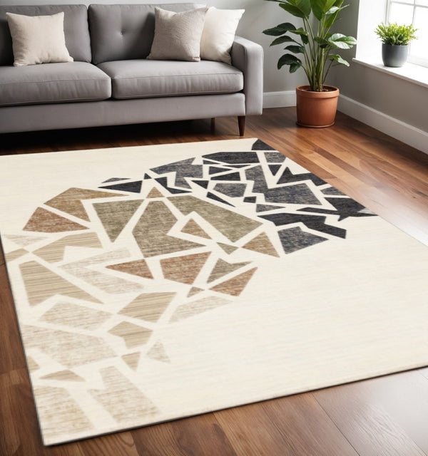 HomeRoots 5' Modern Abstract Area Rug in Cream, Black & Tan - Durable, Stain-Resistant Design for Any Room 5' X 8' 660251
