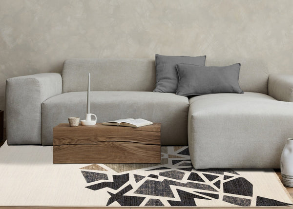 HomeRoots 5' Modern Abstract Area Rug in Cream, Black & Tan - Durable, Stain-Resistant Design for Any Room 8' X 10' 660252