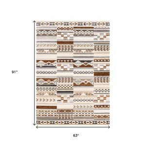 HomeRoots 5' Tribal Area Rug in Cream, Black, and Brown - Durable, Stain-Resistant Carpet for Modern Spaces 5' X 8' 660255