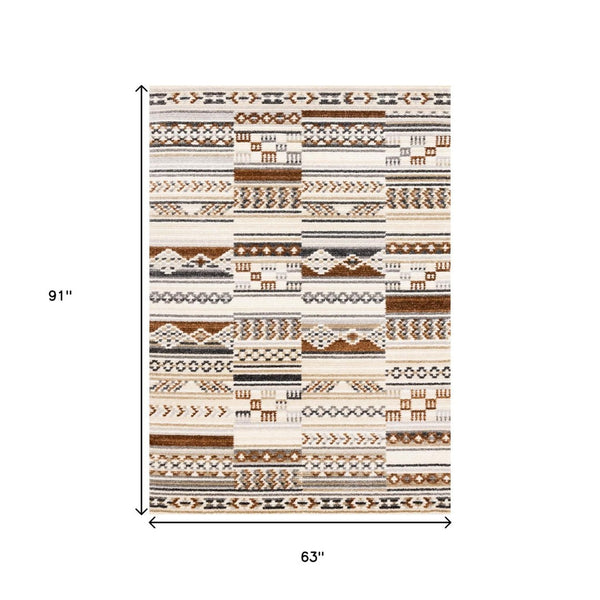 HomeRoots 5' Tribal Area Rug in Cream, Black, and Brown - Durable, Stain-Resistant Carpet for Modern Spaces 5' X 8' 660255