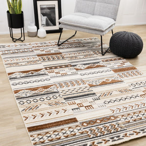 HomeRoots 5' Tribal Area Rug in Cream, Black, and Brown - Durable, Stain-Resistant Carpet for Modern Spaces 5' X 8' 660255