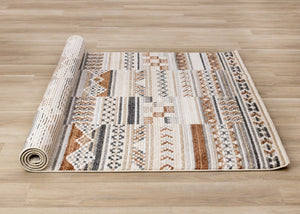 HomeRoots 5' Tribal Area Rug in Cream, Black, and Brown - Durable, Stain-Resistant Carpet for Modern Spaces 5' X 8' 660255