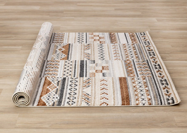 HomeRoots 5' Tribal Area Rug in Cream, Black, and Brown - Durable, Stain-Resistant Carpet for Modern Spaces 5' X 8' 660255