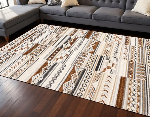 HomeRoots 5' Tribal Area Rug in Cream, Black, and Brown - Durable, Stain-Resistant Carpet for Modern Spaces 8' X 11' 660256