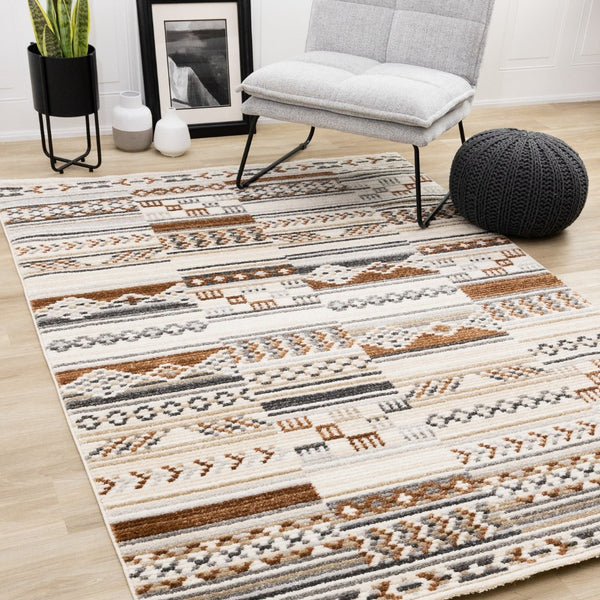 HomeRoots 5' Tribal Area Rug in Cream, Black, and Brown - Durable, Stain-Resistant Carpet for Modern Spaces 8' X 11' 660256