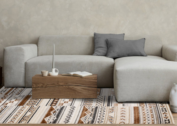HomeRoots 5' Tribal Area Rug in Cream, Black, and Brown - Durable, Stain-Resistant Carpet for Modern Spaces 8' X 11' 660256